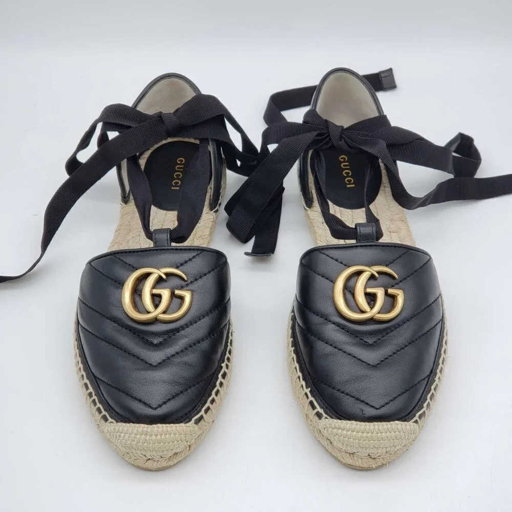 Authentic Gucci GG Marmont Espadrille Sandals Black Leather Gold Logo Brand New - Picture 4 of 13